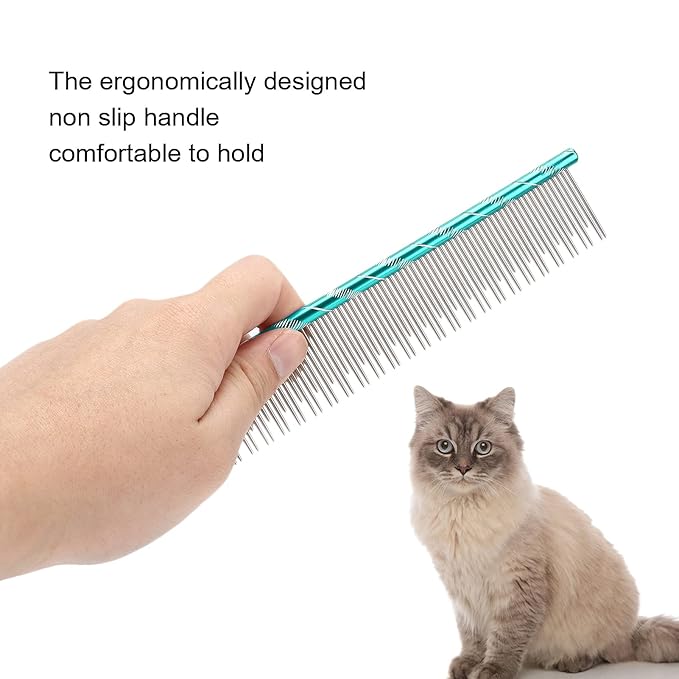 Pet Hair Removal Comb, Stainless Steel Cat Grooming Tool with Dual - Density Teeth, Open Knot Comb for Long and Short Haired Cats, Ergonomic Non - Slip Handle (Green)