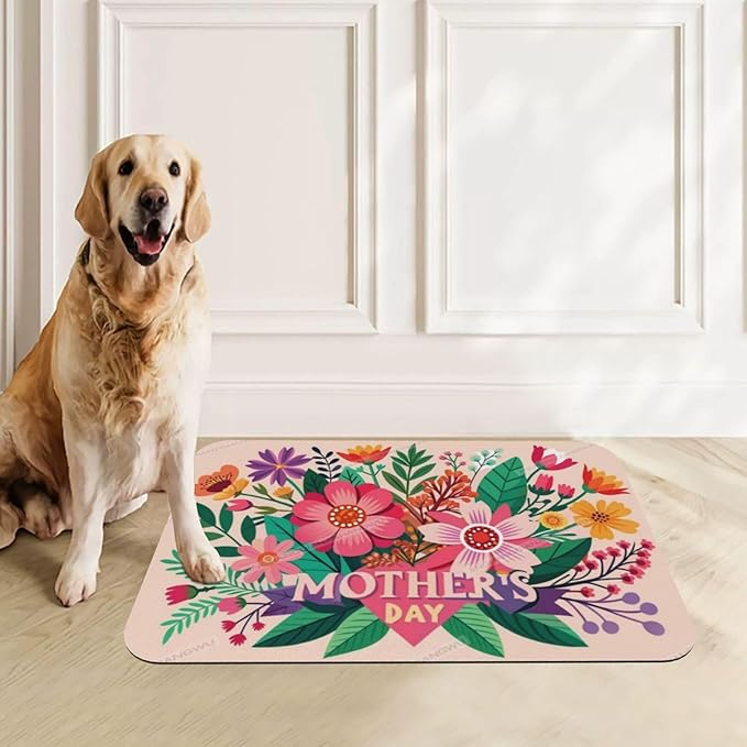 Pet Feeding Mat for Floors Waterproof Dog Mat for Food and Water Happy Mother's Day Floral Gift Mom Ko Absorbent Quick Dry Non Slip Mats Cat Bowls 18X12In