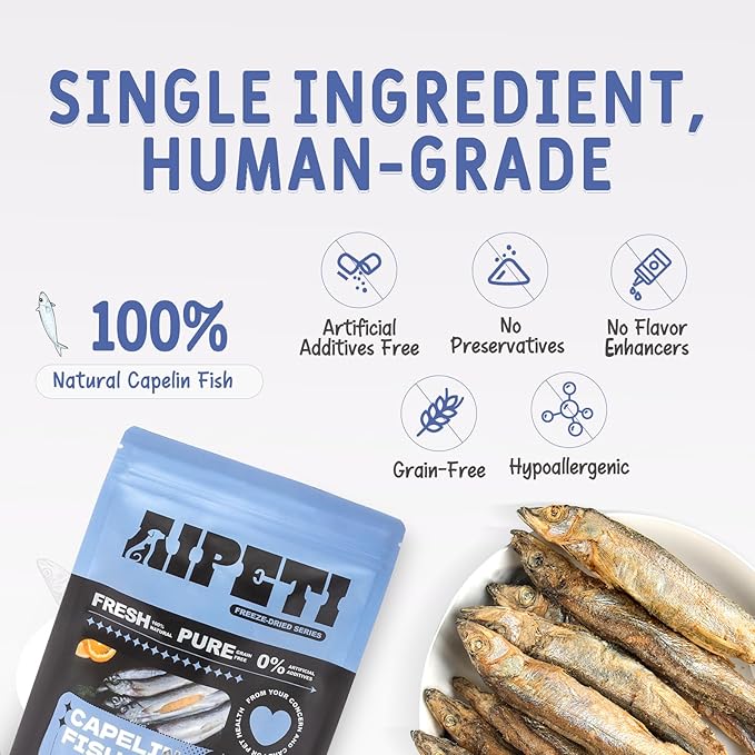 Freeze Dried Capelin Fish Cats & Dogs Treats 70g, Single Ingredient, Rich in Omega 3 & 6 for Healthy Skin & Coat, Grain Free, 100% Whole Fish, Premium Quality High Protein Training Snacks