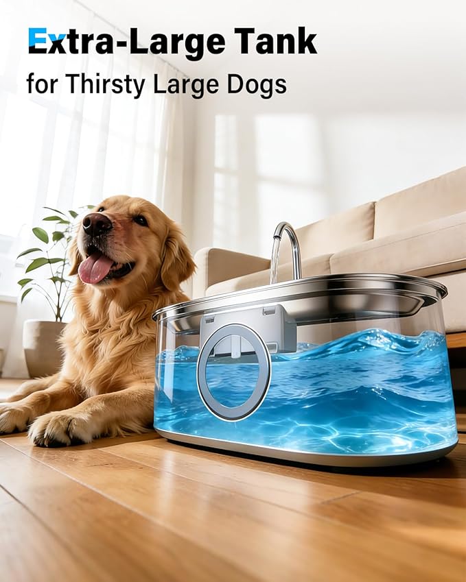 4.2Gal Dog Water Fountain for Large Dogs, 16L Stainless Steel Dog Fountain Water Bowl with Multi-Filtration & Deeper Drinking Tray, Extra Large Pet Water Fountain with Water Window(with 7 Filters)