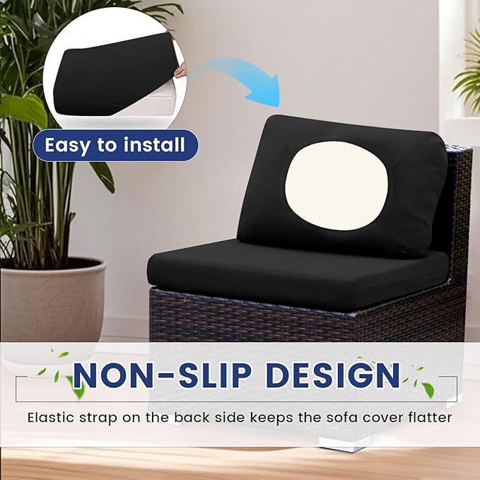 HANDONTIME 8Pcs Patio Cushion Covers Stretch Outdoor Couch Cover Replacement Cushions for Outdoor Furniture Waterproof Patio Furniture Cover for Pets Sofa Covers Washable (Black,Cover Only)