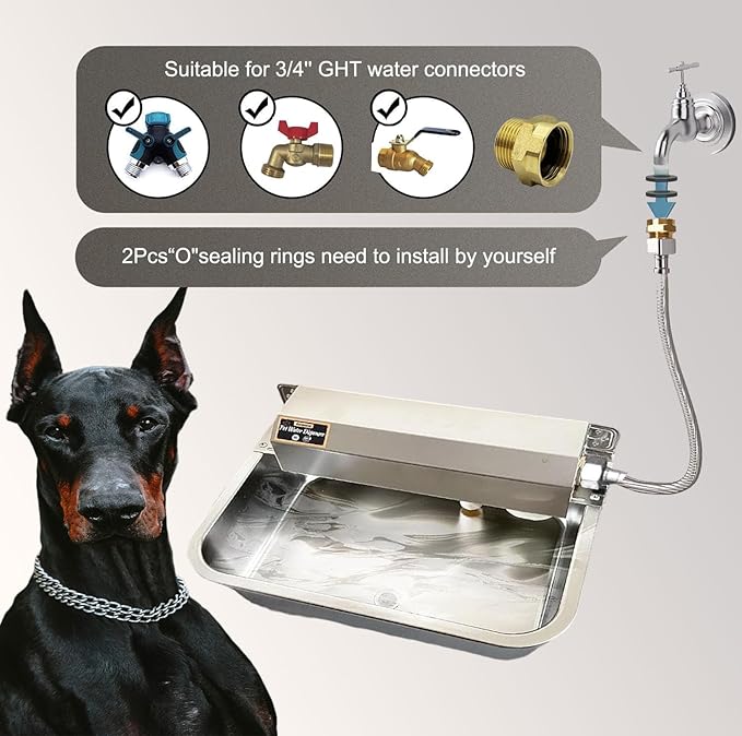 6L Automatic Pet Water Dispenser, 304 Stainless Steel. Auto - Refill, fits GHT 3/4" Faucet. Indoor/Outdoor use, Ideal for Multi - pet & Livestock.