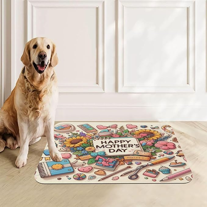 Pet Feeding Mat Absorbent Dog Mat for Food Water Bowl No Stains Quick Dry Water Dispenser Mats Happy Mother's Day Sunflower Gift Mom Dp Dog Accessories Pet Supplies Bowl for Messy Drinkers 24x16In