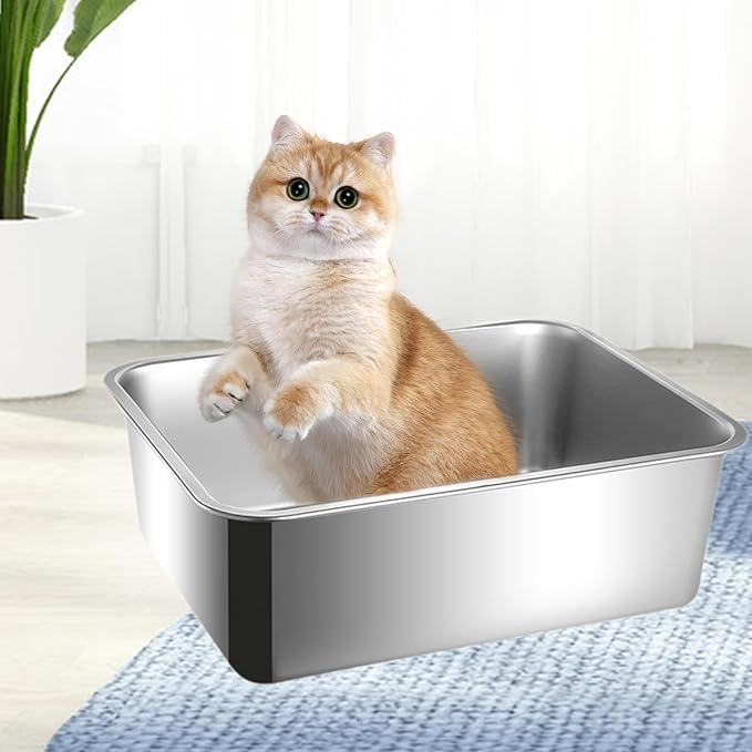 Stainless Steel Cat Litter Box Splashproof Open Top Large Easy to Clean Sand Box for Small Cats Litter Pan- 49.5cmx34.5cm