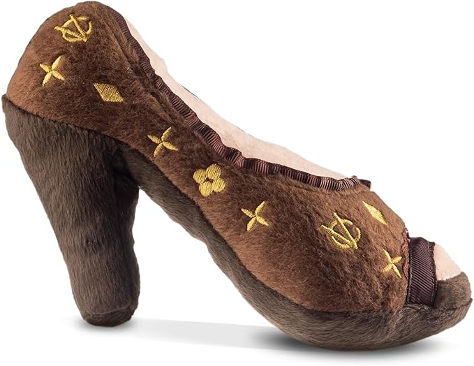 Dog Diggin Designs Chewy Vuiton Squeaky Plush Dog Shoe Toy | Luxury-Inspired Parody Designer Heel with Squeaker, Soft Plush Fashion Dog Toy – High Heel Essentials