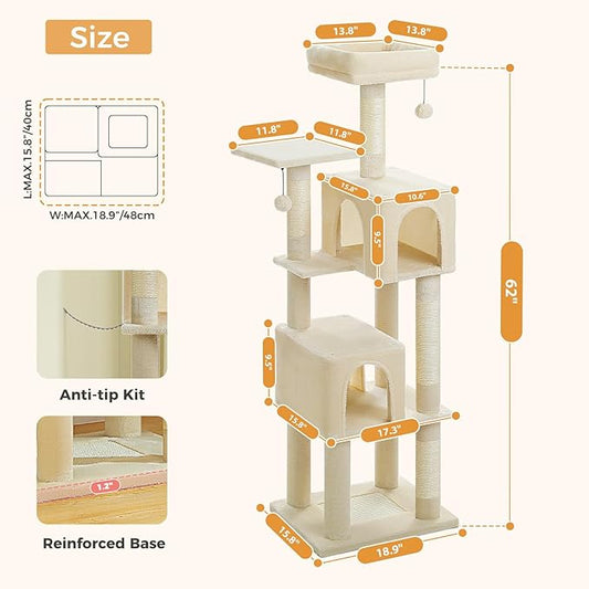 Cat Tree for Indoor Cats, 62" Multi-Level Cat Tower with 2 Spacious Condos, Scratching Pad, 4 Cat Scratching Posts, 2 Top Perches, 2 Pompoms, Beige