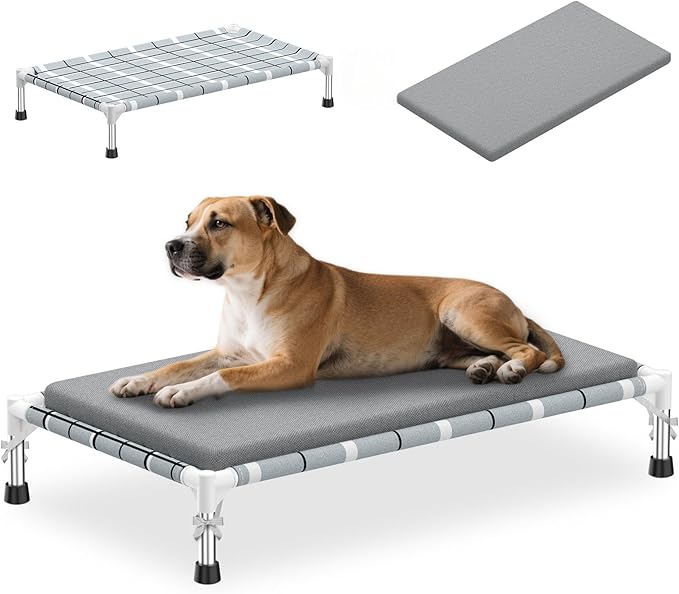 Elevated Raised Outdoor Dog Bed - Cooling Lifted Outside Dogs Bed with Cushion Mat Dog Hammock Bed with Stainless Steel Frame Portable Puppy Pet Bed for Indoor & Outdoor ((M-): 34" x 20" x 8")