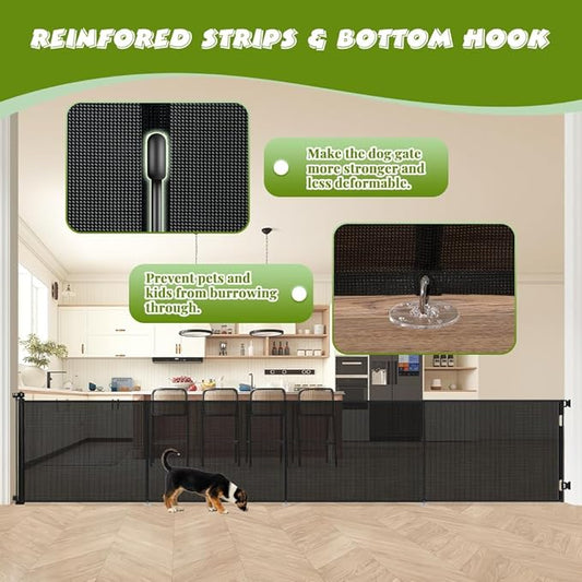 42" Tall Retractable Baby Gates, Extra Wide 196" Retractable Safety Gate with Reinforced Strips, Extra Long Dog Gate for Large Openings & Doorways Mesh Pet Baby Gates Indoor & Outdoor, Black