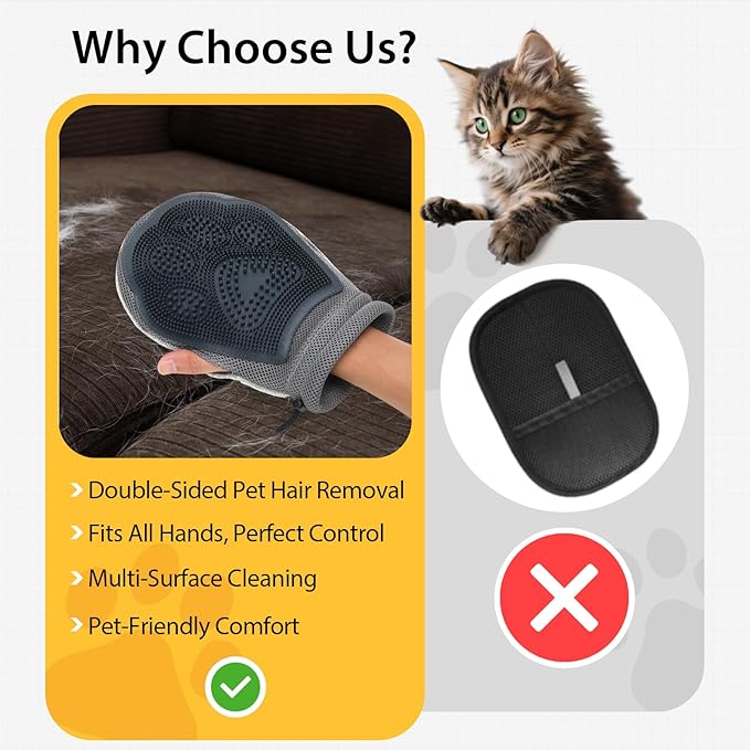 LIANZIMAU Dual Side Pet Hair Remover Glove Electrostatic Pet Hair Remover for Cat Dog Furniture Couch Car Seats Reusable with Thumb Hole Adjustable Wrist Strap (1 PCS)