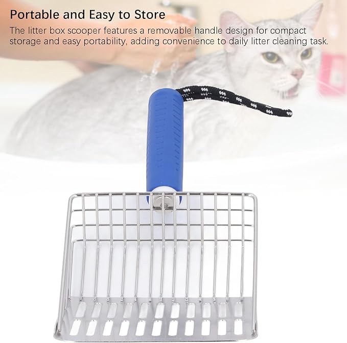 Cat Litter Scoop, Removable Handle Cat Litter Sifter, Stainless Steel Fast Filtration Cat Litter Shovel for Kitten Cat Dog Poop (Blue)