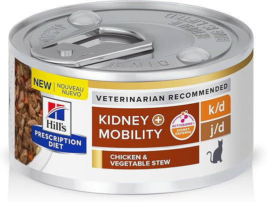 Hill's Prescription Diet k/d Kidney Care + Mobility Wet Cat Food, Veterinary Diet, Chicken & Vegetable Stew, 2.9 oz. Cans, 24-Pack