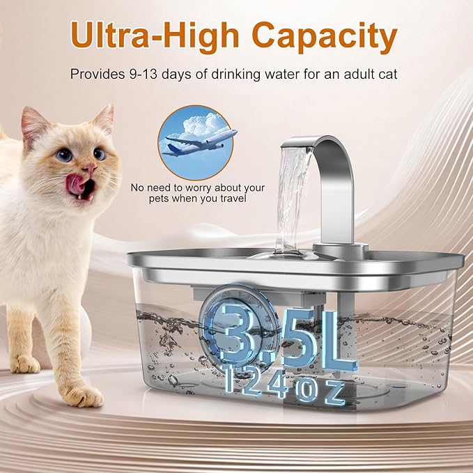Bobo&Dragon Cat Water Fountain Stainless Steel, 124oz/3.5L Cat Drinking Fountain, Automatic Dog Water Dispenser Indoor, Water Bowl for Cats Dogs Pets Built-in 4+4 Replacement Filters