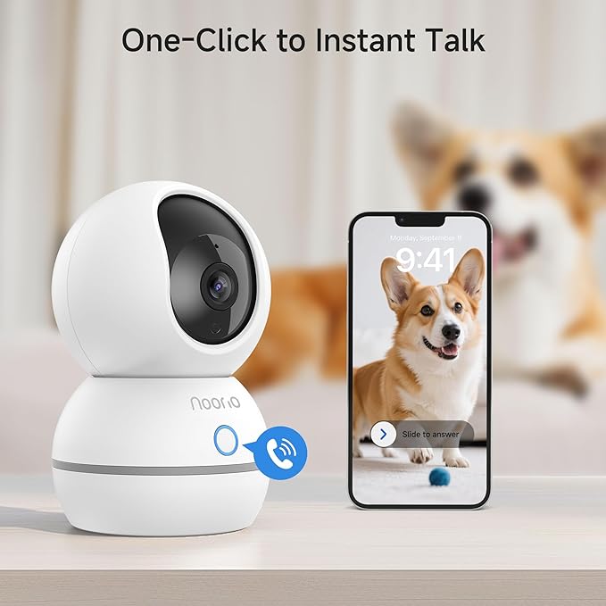 Noorio Security Camera Indoor, 4MP UHD Pet/Dog Camera 360-Degree for Home Security, One-Touch Call, Auto Motion Tracking, Night Vision, 2.4G Only