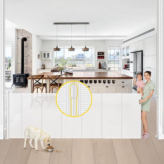 Reinforced 42” Tall x 100” Extra Wide Retractable Baby Gate for Large Openings Tall Baby Gates for Dogs Pet Gate with Rods to Prevent Crawling Through, Extra Wide Mesh Dog Gate, White