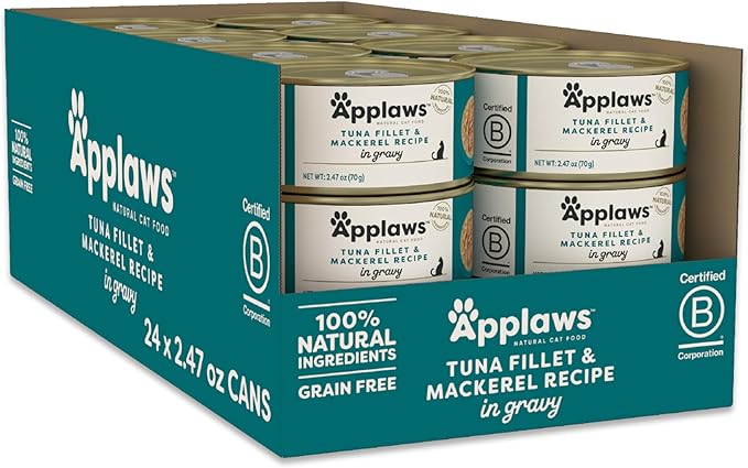 Applaws Natural Wet Cat Food in Gravy, Made with Limited and Natural Ingredients, No Artificial Additives, High Protein, Tuna & Mackerel in Gravy (24 x 2.47oz Cans)