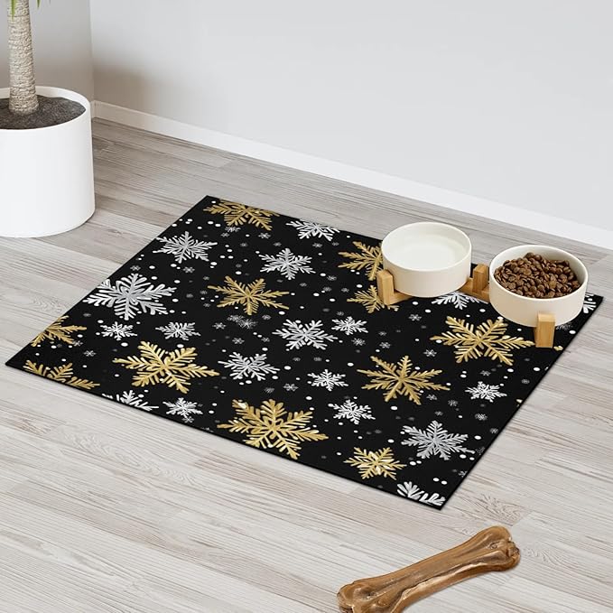 Winter Snowflake Dog Food Mat for Floors Absorbent, Quick Dry Water Dispenser Mat for Food, Water, Pet Supplies 17" x 30", Xmas Snowflakes