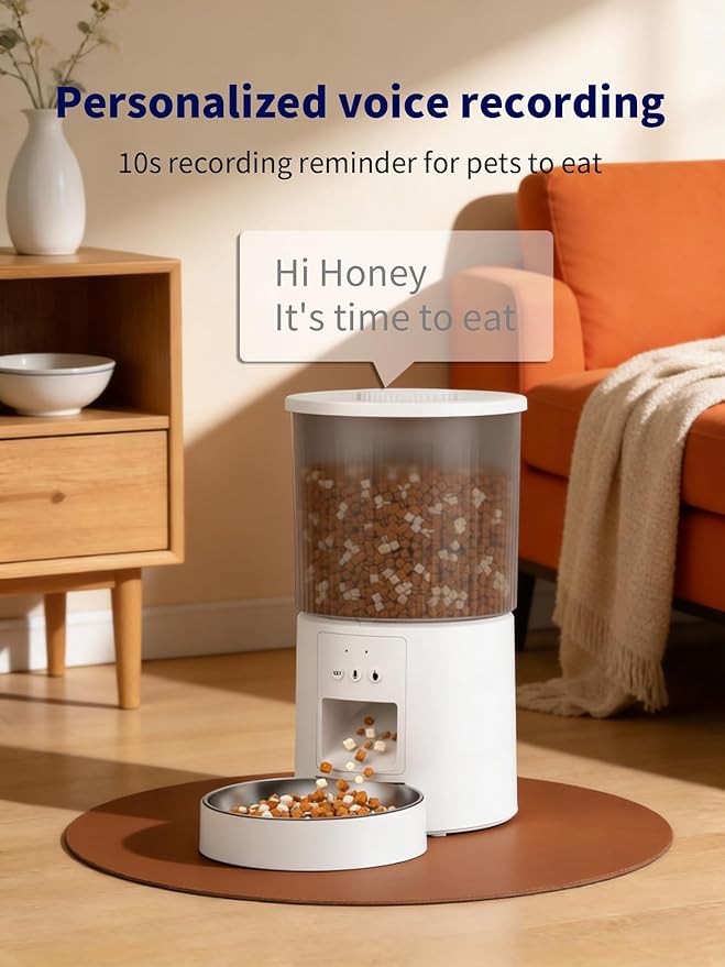 Automatic Cat Feeder, 2.4GHz WiFi Automatic Dog Food Dispenser, Fresh Protection, 4L Timer Feeder, Personalized Recording 10 Seconds, Easy to Clean, Stainless Steel Bowl (Single/White)