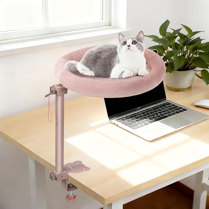 Cat Desk Bed,Steel Cat Bed for Desk,Up and Down Available,360° Rotating, Shelf Height Adjustable, Desktop Attachment Cats Nest Perch Hammock for Office Game Tables, Supports 40lb（Brown）