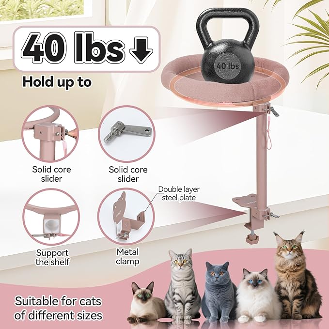 Cat Desk Bed,Steel Cat Bed for Desk,Up and Down Available,360° Rotating, Shelf Height Adjustable, Desktop Attachment Cats Nest Perch Hammock for Office Game Tables, Supports 40lb（Brown）