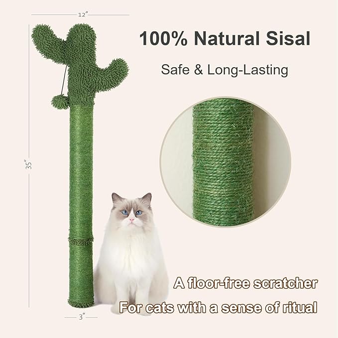 Wall Mounted Cat Scratcher, 35” Extra-Tall Vertical Sisal Scratching Post for Large Cats, Space-Saving Wall Cat Scratcher with Hanging Ball Toy, Cactus Design, Green