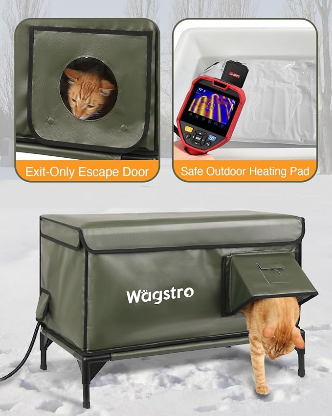 Ex-Large Heated Cat House for Outside in Winter, 100% Waterproof, Escape Door, 6" Elevated, Weatherproof Insulated Outdoor Cat House Shelter with Heater for Stray Feral Cat (Olive Green, 29"x17"x20")