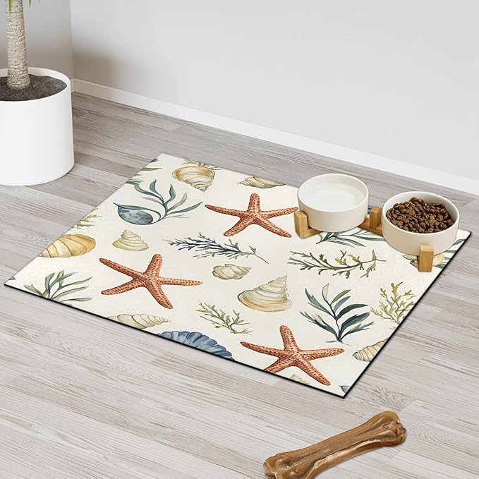 Starfish Seashell Dog Food Mat for Floors Absorbent Dog Bowl Mat for Food and Water Dispenser Quick Dry Cat Food Placemat Pet Supplies 17" x 30", Colorful Corals