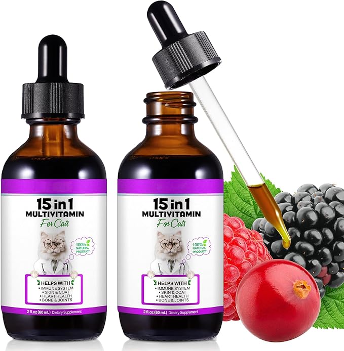 Cat Multivitamin Drops - 15 in 1 Vitamin Supplement for Immune Support, Heart, Bones, Joint, Skin & Coat Health, Bacon Flavor Vitamins for Senior Cats & Kittens (2 Pack, for cat)