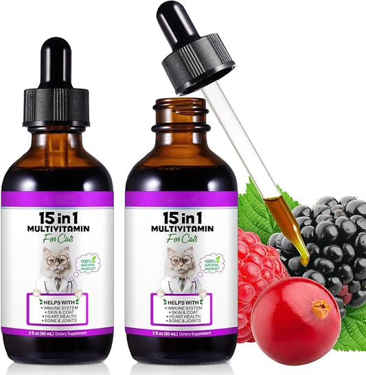 Cat Multivitamin Drops - 15 in 1 Vitamin Supplement for Immune Support, Heart, Bones, Joint, Skin & Coat Health, Bacon Flavor Vitamins for Senior Cats & Kittens (2 Pack, for cat)