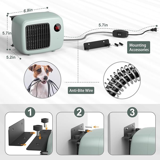 600W Dog House Heater,Anti-Bite Cord Heated Dog House,Wall-Mounted Dog Heater,Keep Your Pet Warm and Happy UL Tested for Safety (green)