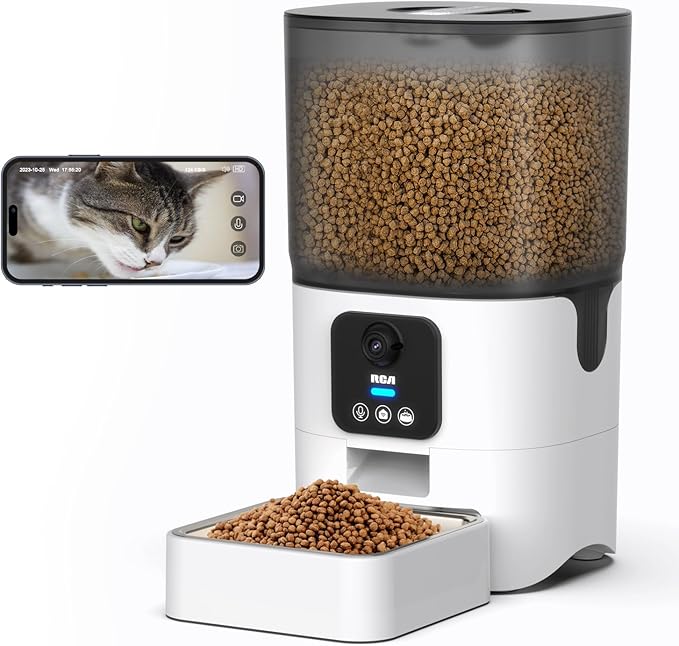 RCA Cat & Dog Pet Feeder with HD 1080p Camera, Real-Time Two-Way Audio, Monitoring, Motion Detection, Night Vision, Compatible with Alexa & Google Assistant - 6L Capacity, Dishwasher Safe Bowls