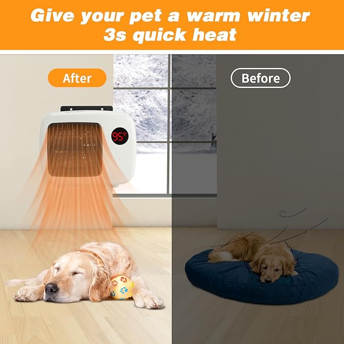 Dog House Heater with Thermostat,Wall-Mounted Dog Heater with 6.5FT Bite Proof Wire,Heaters for Dogs House with Safe Overheat Protection(2 Heating Mode200W/400W)-White