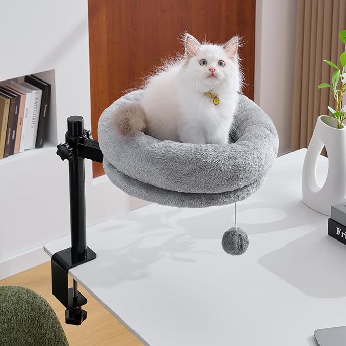 BYBYME Cat Desk Bed for Indoor Cats, Kitty Bed for Worktable Supports 44 lbs, 360° Rotation & Adjustable, Soft Cat Nest Desktop with Hanging Ball for Office Desks Home Tables, 12" in Diameter（Gray）