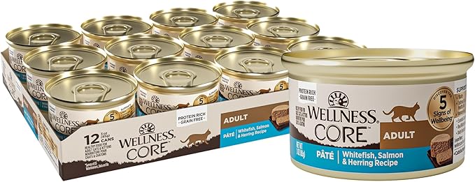 Wellness CORE Pate Adult Wet Cat Food, Natural, Protein-Rich, Grain Free, 3 Ounce, 12 Pack (Whitefish, Salmon & Herring)