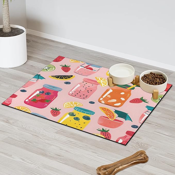Fruit Juice Dog Food Mat for Floors Absorbent Dog Bowl Mat for Food and Water Dispenser Quick Dry Cat Food Placemat Pet Supplies 12" x 20", Summer Fruit