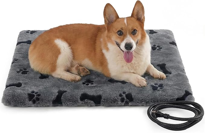 Pet Heating Pad for Cats Dogs Indoor & Sheltered Outdoor Waterproof Heated Cat Bed Heated Dog Bed Chew Resistant Cord Constant Temperature Gray Paw Print 26 x 20 Inch
