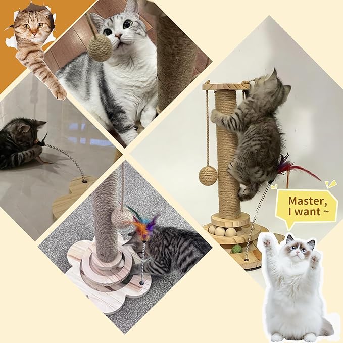 4 inch Wider Design for Large Cats Providing Greater Stability,4-in-1 Wooden Cat Scratcher Toy,Scratching Post&2-Level Track Tower with 8 Balls&2 Sisal Ball&2 Cat Wand Toy(15.8" L x 15.8" W x 19" H)