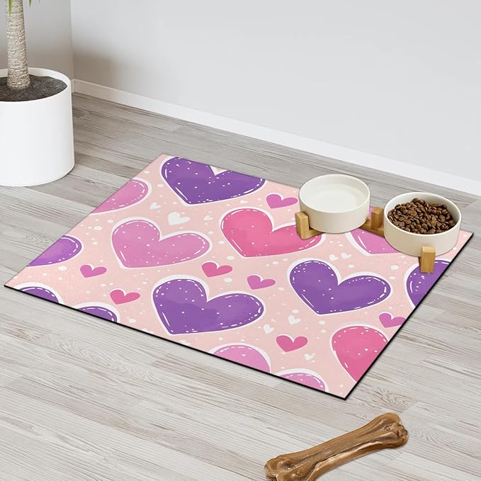 Colorful Heart Dog Food Mat for Floors Absorbent, Quick Dry Water Dispenser Mat for Food, Water, Pet Supplies 24" x 32", Love