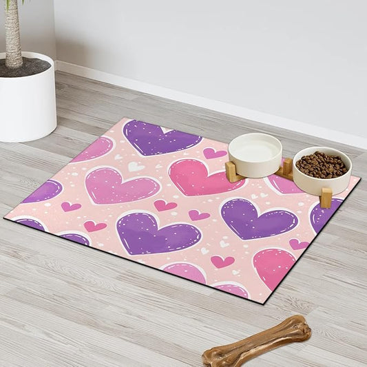 Colorful Heart Dog Food Mat for Floors Absorbent, Quick Dry Water Dispenser Mat for Food, Water, Pet Supplies 24" x 32", Love