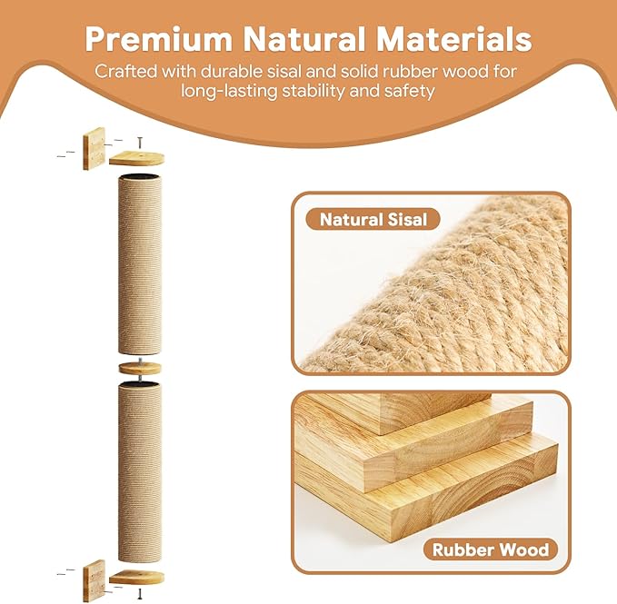 Cat Wall Scratcher Post- 35" Thicker Columns Wall Mounted Rubber Wood Sisal Scratching Post Furniture for Large Cats and Kittens