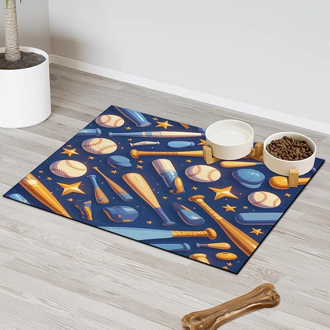 Baseball Dog Food Mat for Floors Absorbent, Quick Dry Water Dispenser Mat for Food, Water, Pet Supplies 17" x 30", USA