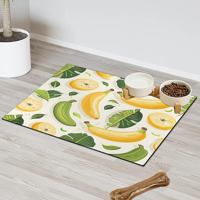 Bananas Dog Food Mat for Floors Absorbent Dog Bowl Mat for Food and Water Dispenser Quick Dry Cat Food Placemat Pet Supplies 17" x 30", Green Leaves