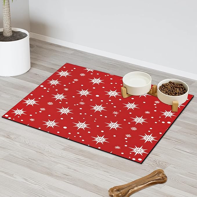 Christmas Dog Food Mat for Floors Absorbent, Quick Dry Water Dispenser Mat for Food, Water, Pet Supplies 17" x 30", Winter Snowflake