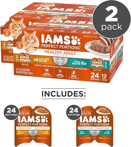IAMS Perfect Portions Sensitive Digestion & Skin Wet Cat Food Pate, Healthy Adult Grain Free Pate, Chicken and Tuna Recipe, 2.6 oz. (24 Twin Packs)