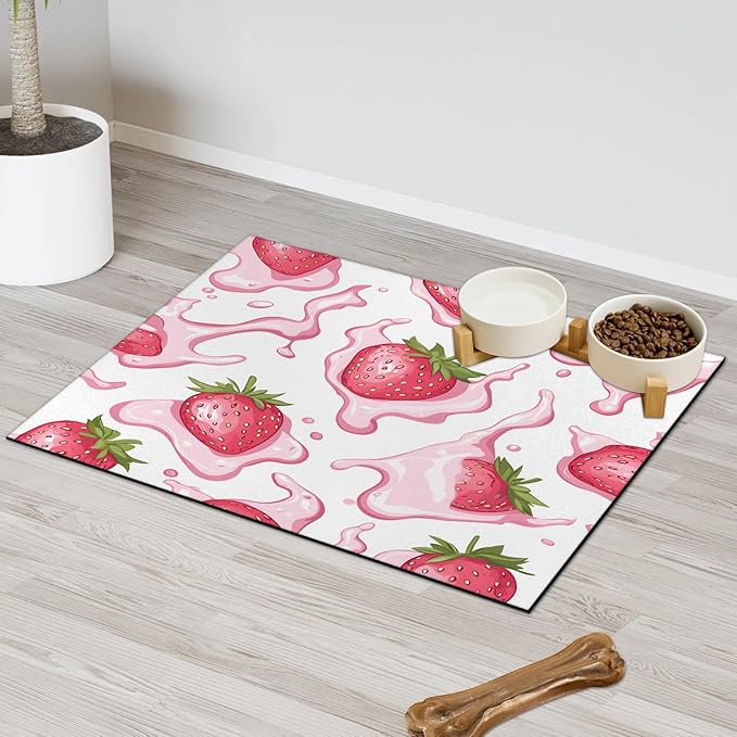Pink Strawberry Dog Food Mat for Floors Absorbent Dog Bowl Mat for Food and Water Dispenser Quick Dry Cat Food Placemat Pet Supplies 12" x 20", Greean Leaves