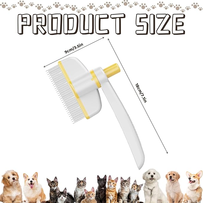 Pet Hair Removal Comb, 2025 Upgraded One Click Self Cleaning Grooming Brush, Cat Brush Comb with Non slip Handle for Short & Long Hair, Pet Grooming Supplies for Cats & Dogs Massaging (yellow)