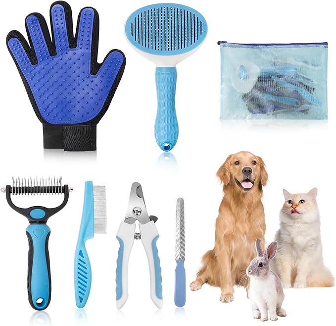 7-in-1 Pet Grooming Kit–Cat Brush,Dog Brush for Shedding,Double-Sided Flea Comb,Dog Nail Trimmers,Dog Bath Supplies–for All Cat and Small/Large Dog Shedding（Blue