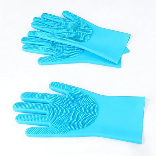 FurryGo Pet Grooming Gloves - Dog Washing Gloves with Bite-Resistant Long Sleeves Enhanced Five Finger Design for Bathing and Massaging Dogs and Cats, Blue