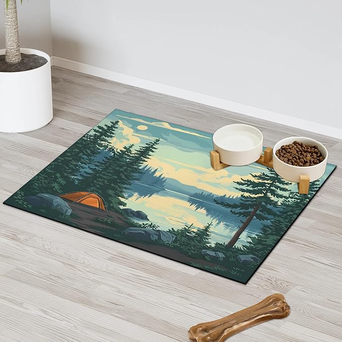 Mountain River Dog Food Mat for Floors Absorbent, Quick Dry Water Dispenser Mat for Food, Water, Pet Supplies 24" x 32", Nature Scenery