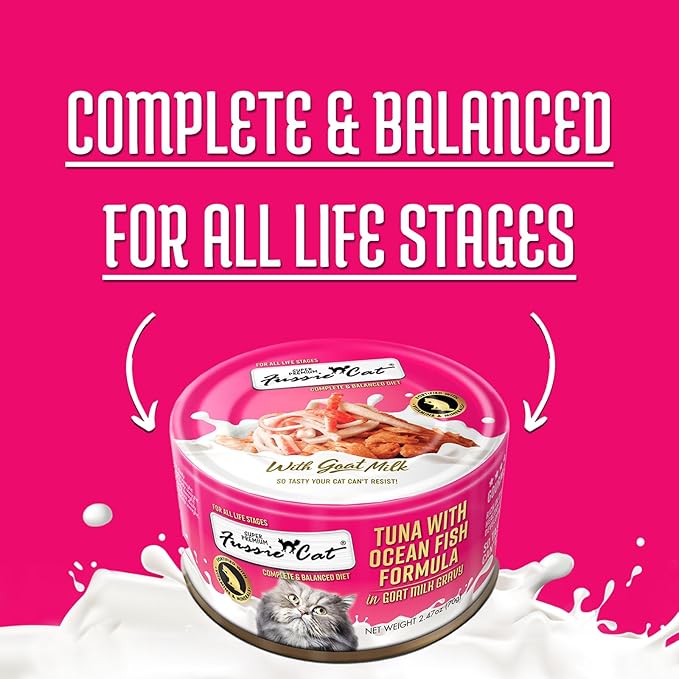 Fussie Cat Super Premium Canned Wet Cat Food in Goat Milk Gravy -2.47 oz Cans - Case of 24 Pack (Tuna & Oceanfish), Lid