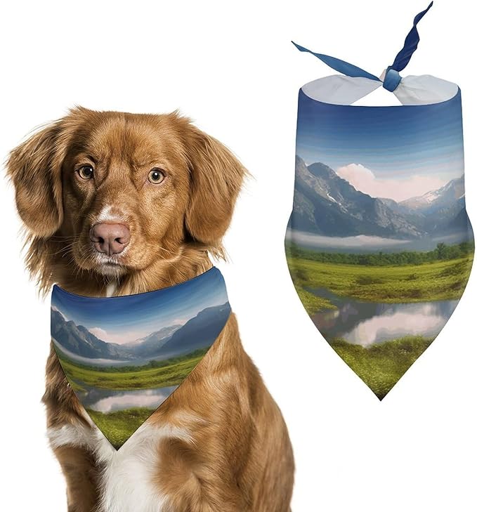 Dog Bandana Spring Pet Scarf Adjustable Triangle Beautiful Scenery Printing Dog Bib Washable Polyester Puppy Bandana for Small Medium Large Dogs Cat Birthday Party Supplies